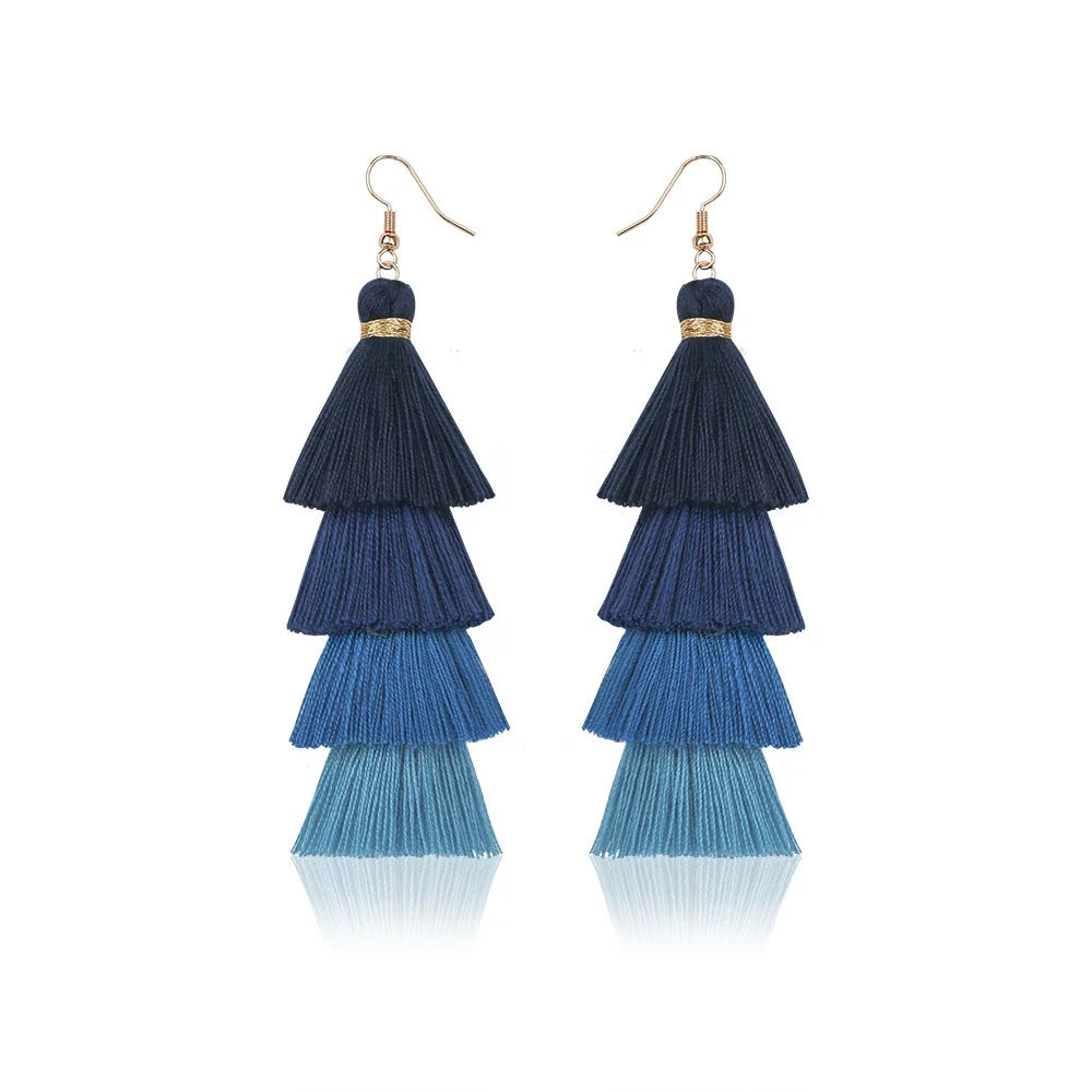 Four Layer Fringe Tassel Statement Earrings Jewelry
