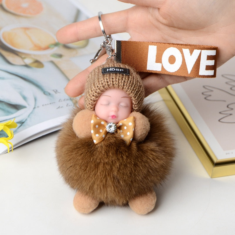 Pompom Sleeping Baby Keychain Cute Fluffy Plush Doll Keychains Women Girl Bags Keyrings Cars Key Ring Gift Charming Decoration