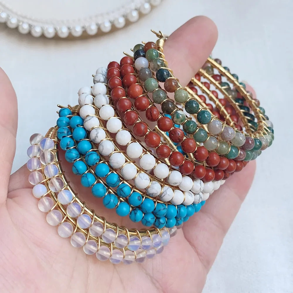 50mm Large Natural Stone Earrings for Women Ear Ring Agates Crystal Gold Plated Stainless Steel Circle Hoop Earring Boho Jewelry - Charlie Dolly