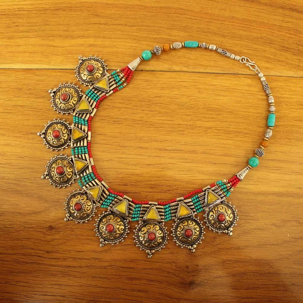 Nk246 Nepal India Jewelry Ethnic Mini Turquoises Beads Multi Brass Charm Strand Fashion Necklace For Woman