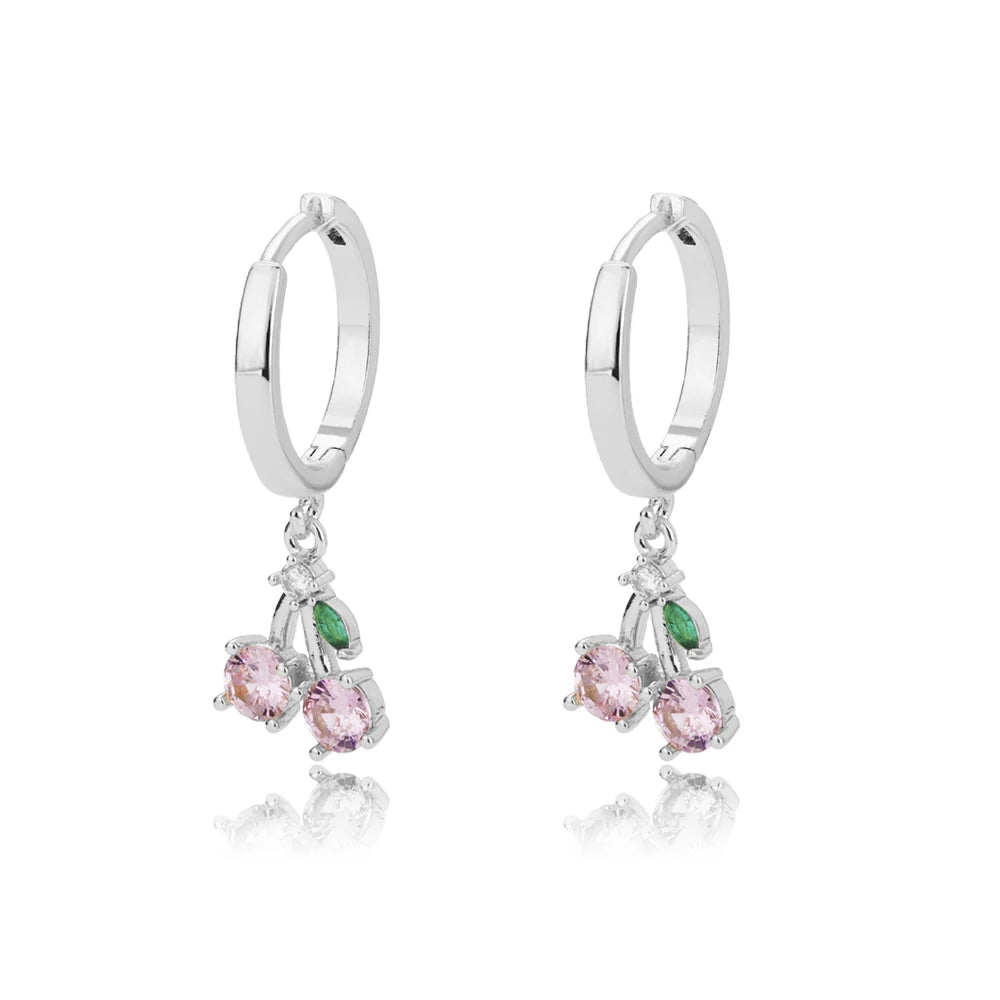 Pink Crystal Cherry Fruit Drop Earrings Jewelry