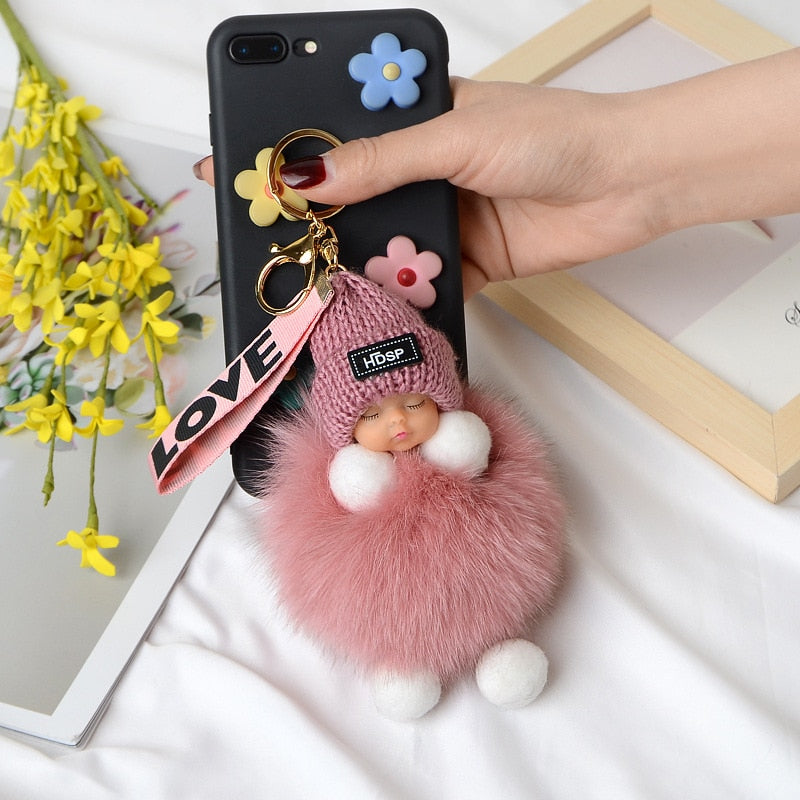 Pompom Sleeping Baby Keychain Cute Fluffy Plush Doll Keychains Women Girl Bags Keyrings Cars Key Ring Gift Charming Decoration