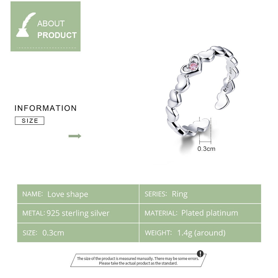 bamoer Pink CZ Heart Stackable Finger Rings for Women Free Size Adjustable Bands 925 Sterling Silver Jewelry Accessories BSR100