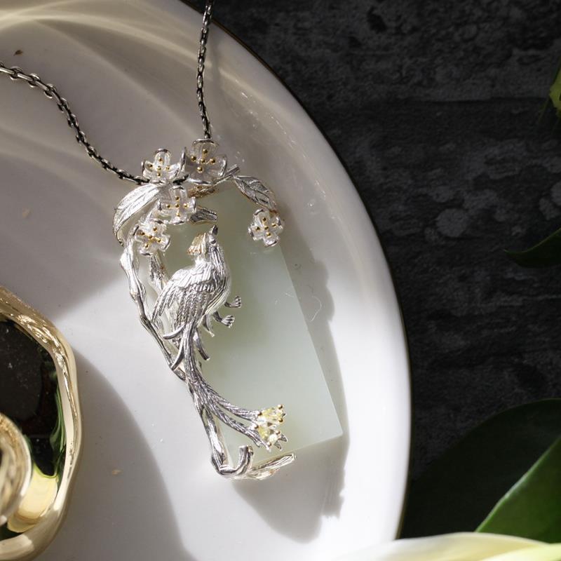 Silver-Inlaid Natural Hetian Jade Phoenix Clavicle Necklace, Ethnic Wedding Talisman