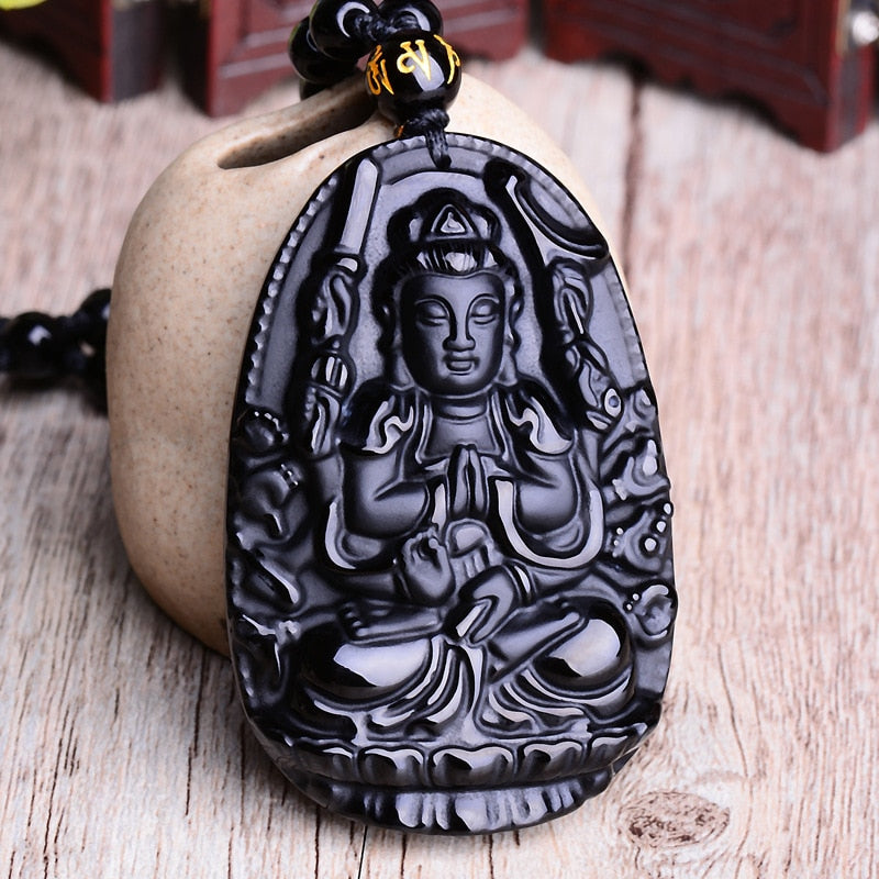 Amitabha Pendant Necklace Black Obsidian Carved Buddha Lucky Amulet Necklaces For Women Men Jewelry Gifts Jewelry