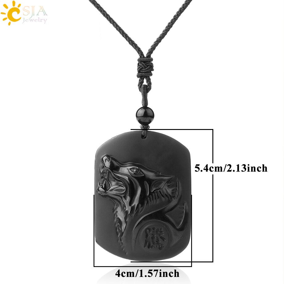 CSJA Obsidian Necklace Natural Stone Wolf Buddha Sculpture Tree of Life Animal Owl Men Necklaces Pendant Meditation Jewelry G644