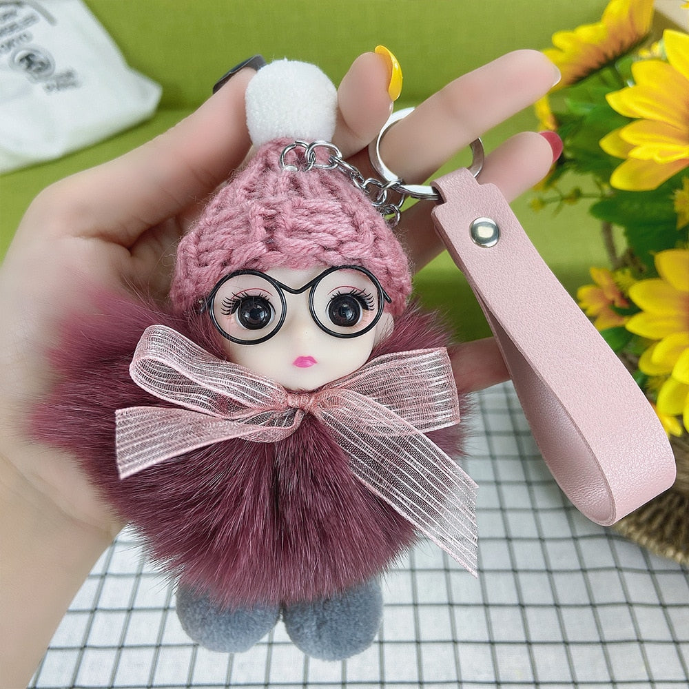 Pompom Sleeping Baby Keychain Cute Fluffy Plush Doll Keychains Women Girl Bags Keyrings Cars Key Ring Gift Charming Decoration