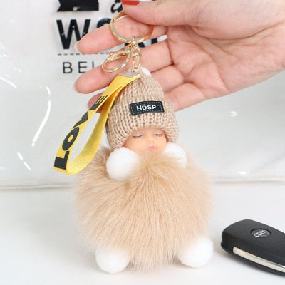 Pompom Sleeping Baby Keychain Cute Fluffy Plush Doll Keychains Women Girl Bags Keyrings Cars Key Ring Gift Charming Decoration