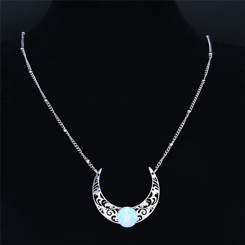 2023 Moon Moonstone Stainless Steel Chain Necklace Women Silver Color Pendants Necklaces Boho Jewelry bijoux femme N1129S04