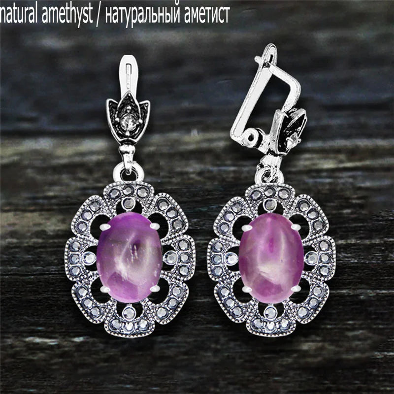 Vintage Plumflower Natural Jades Quartz Earrings For Women Antique Silver Plated Lapis Lazuli Tiger Eye Stone Fashion Earring - Charlie Dolly