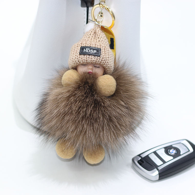 Pompom Sleeping Baby Keychain Cute Fluffy Plush Doll Keychains Women Girl Bags Keyrings Cars Key Ring Gift Charming Decoration