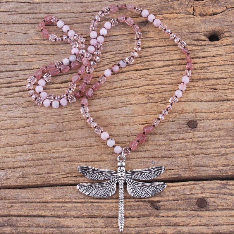 Dragonfly Knotted Stone Pendant Necklace Jewelry