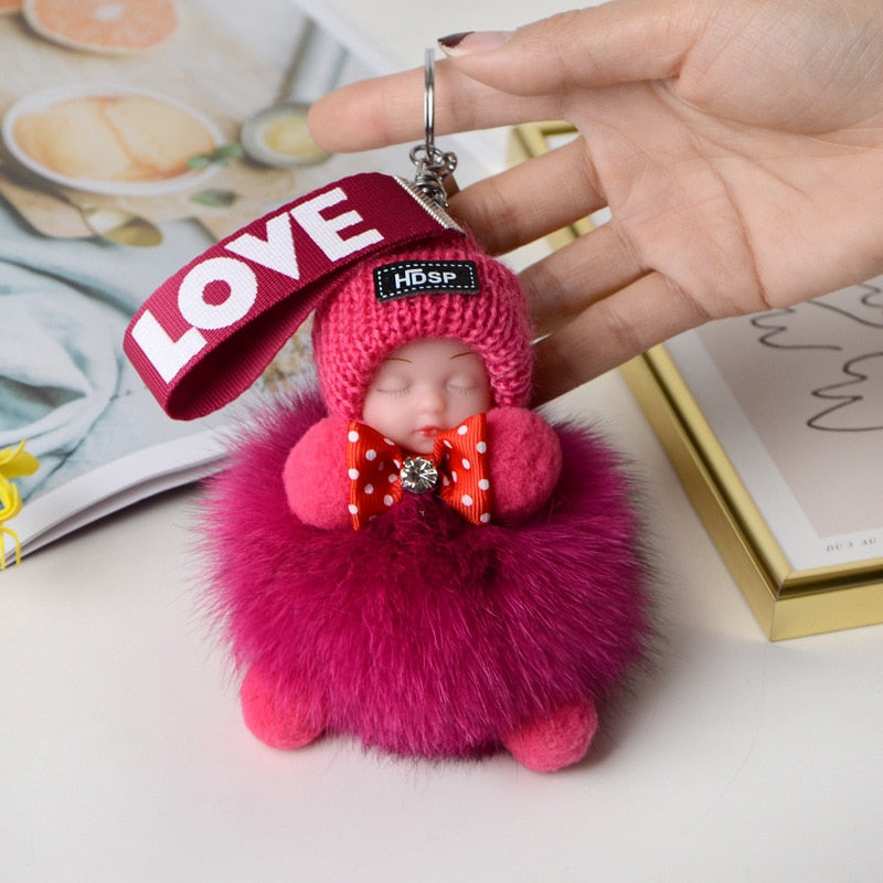 Pompom Sleeping Baby Keychain Cute Fluffy Plush Doll Keychains Women Girl Bags Keyrings Cars Key Ring Gift Charming Decoration