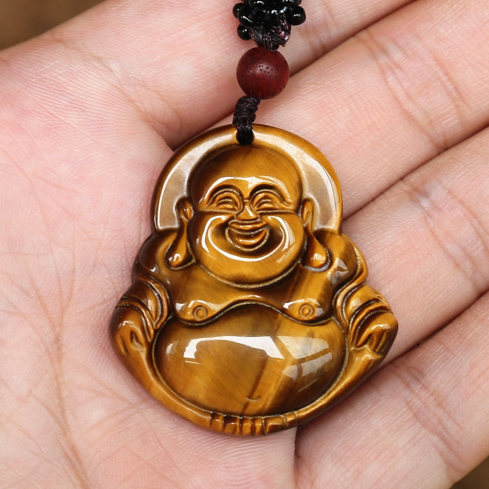 Zen Buddhism Tiger Eye Carved Maitreya Buddha Pendant Necklace Natural Stone Lucky Energy Yoga Necklace Women Men Jewelry