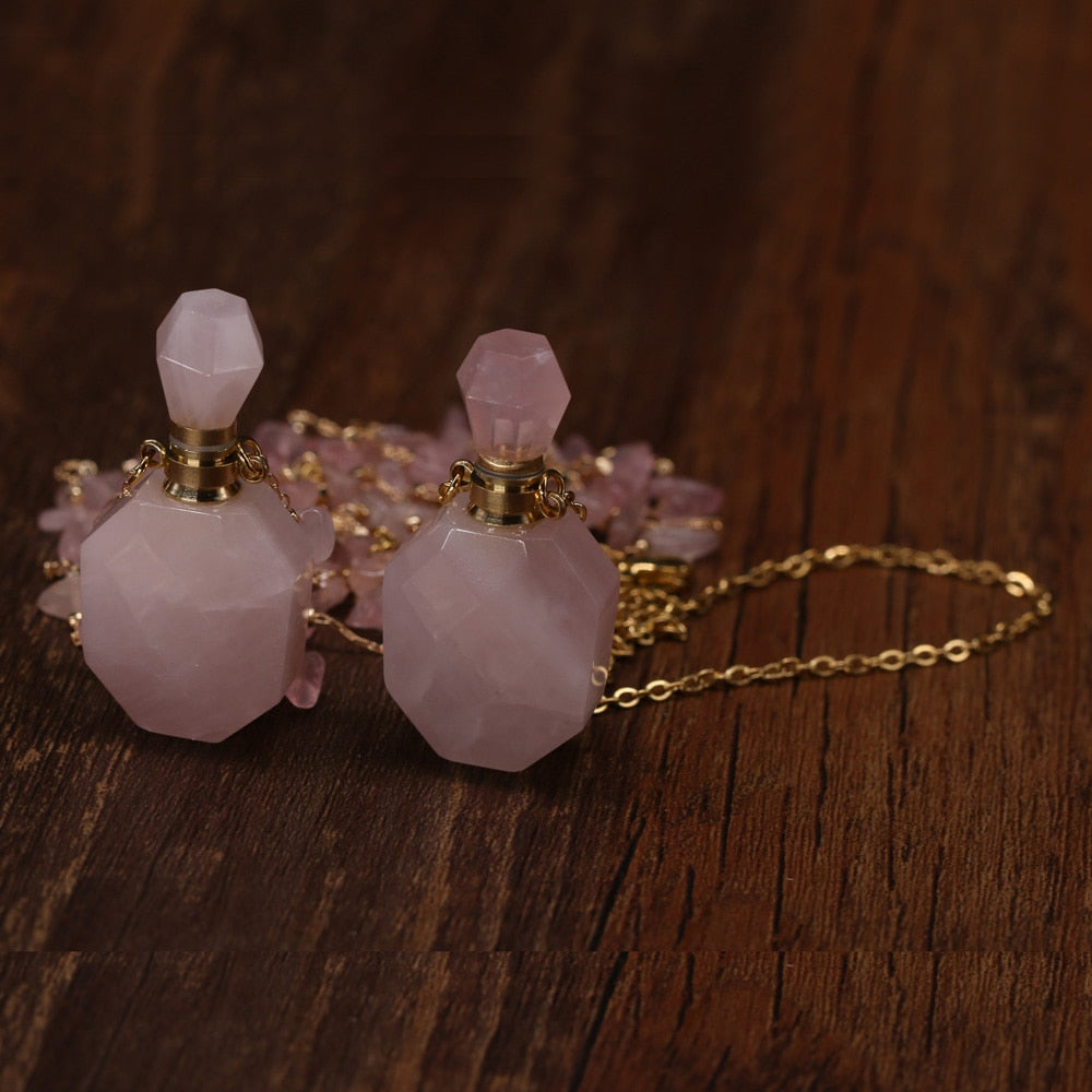 Natural Stone Perfume Bottle Necklace Pink Quartz Pendant Charms For Elegant Women Love Romantic Gift 60 CM