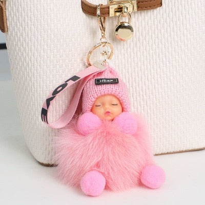 Pompom Sleeping Baby Keychain Cute Fluffy Plush Doll Keychains Women Girl Bags Keyrings Cars Key Ring Gift Charming Decoration