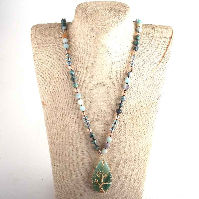 Fashion Bohemian Jewelry Natural Stones /Glass Crystal Knotted With Semi Precious Pendant Boho Necklace Women Gift - Charlie Dolly