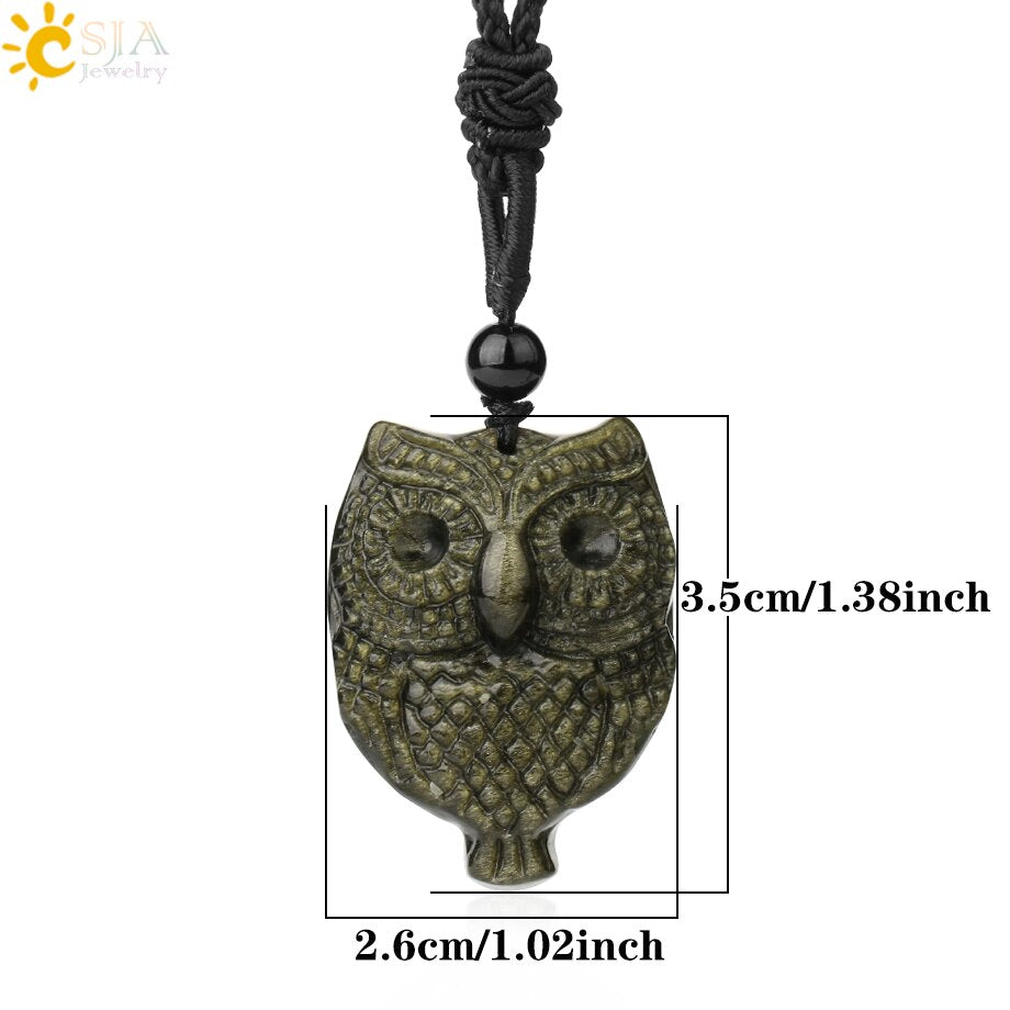 CSJA Obsidian Necklace Natural Stone Wolf Buddha Sculpture Tree of Life Animal Owl Men Necklaces Pendant Meditation Jewelry G644