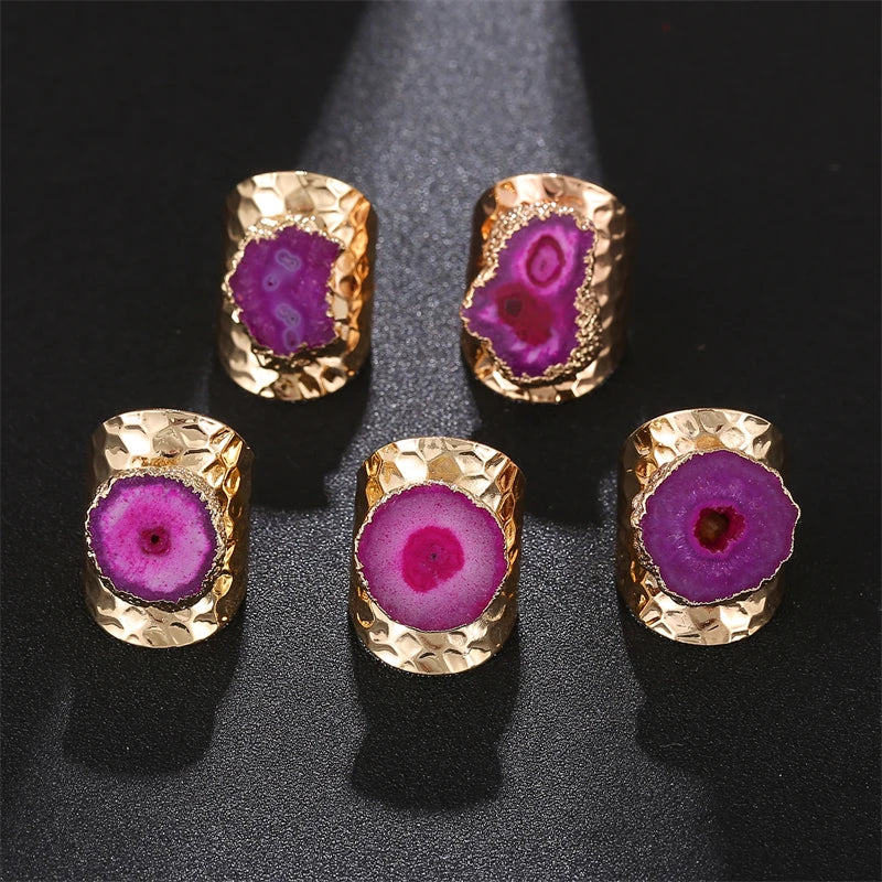 Boho Irregular Natural Stone Agate Slices Sunflower Wide Open Ring for Women Gold Plated Resizable Finger Jewelry - Charlie Dolly