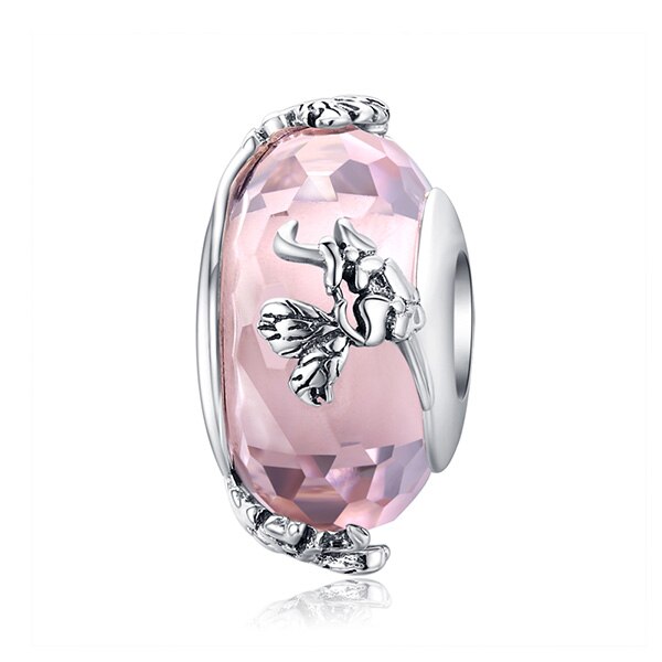WOSTU Real 925 Sterling Silver Murano Glass Pink Beads Crystal Round Charms Fit Original Bracelet Pendant Luxury Jewelry Making