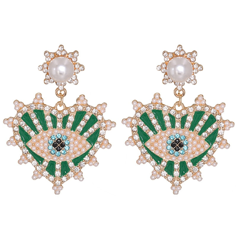 JUJIA Trendy Ethnic Love Heart Shape Evil Eye Drop Earrings For Women Vintage Statement Crystal Dangle Earring Jewelry Gift