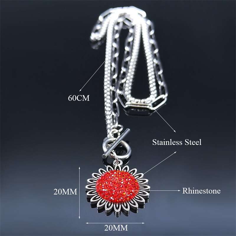 Fashion Sunflower Red Crystal Stainless Steel Chain Necklace Women/Men Bohemian Small Daisy Pearl Chain Collar Jewelry N4905S06