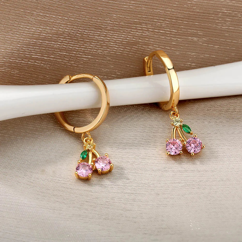 Pink Crystal Cherry Fruit Drop Earrings Jewelry