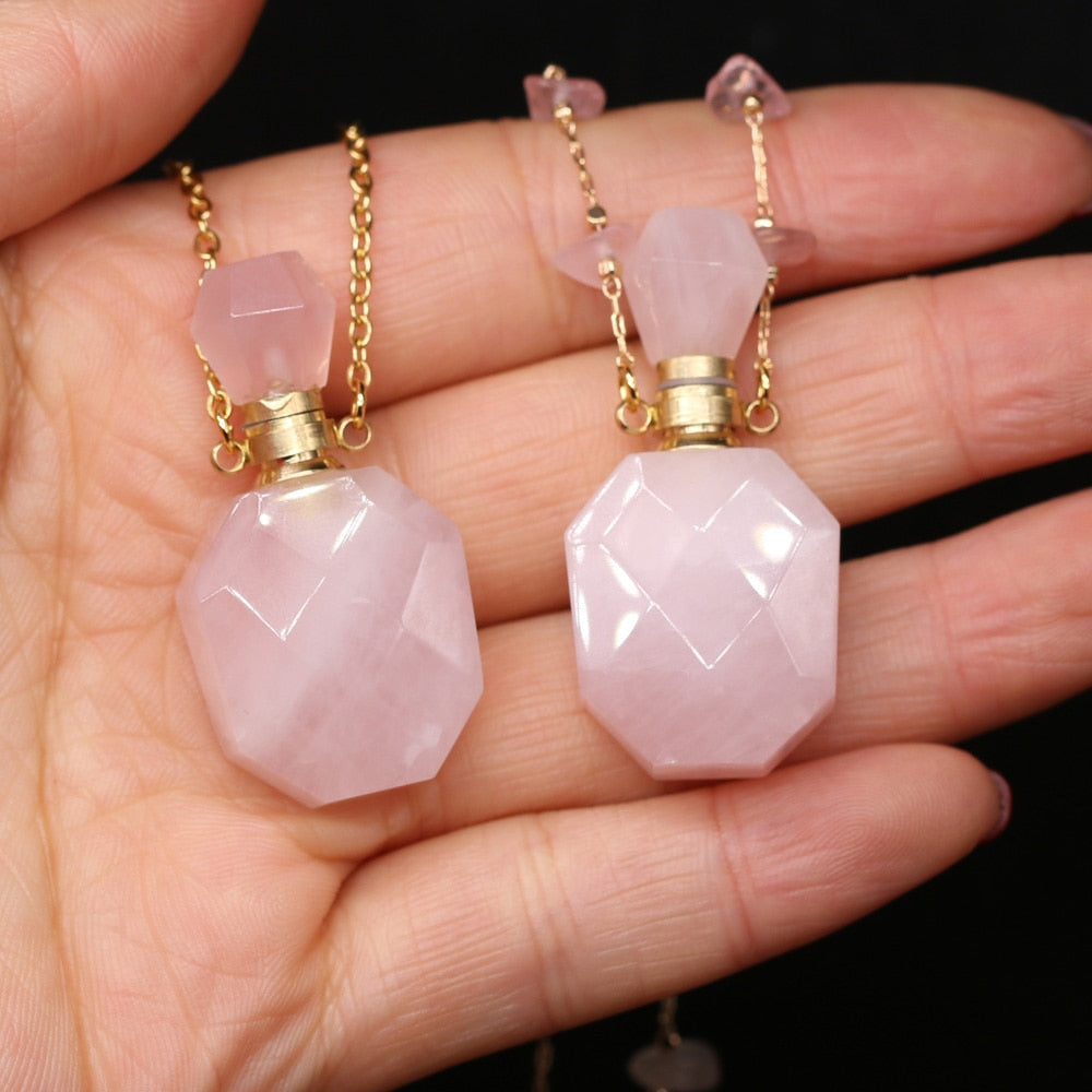 Natural Stone Perfume Bottle Necklace Pink Quartz Pendant Charms For Elegant Women Love Romantic Gift 60 CM