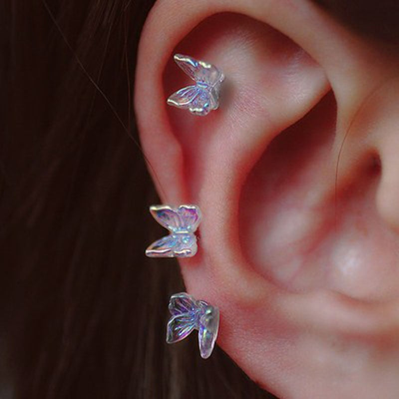 1Pcs INS Little Butterfly Stud Tragus Earring For Women Acrylic Rainbow Titanium Steel Screw Piercing Mid Low Helix Earring