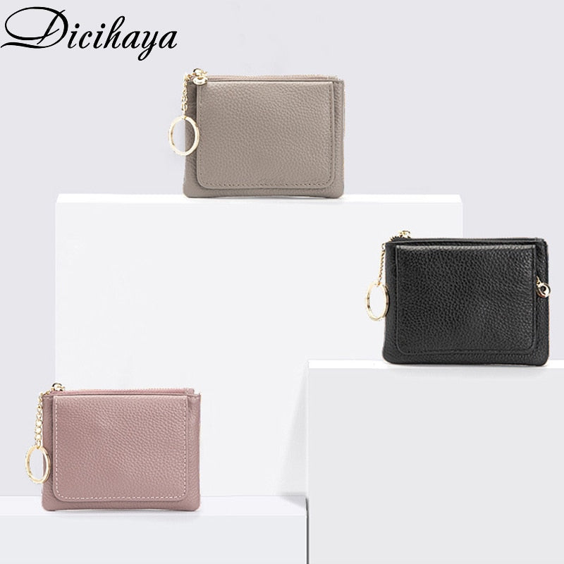 DICIHAYA 2022 New Cowhide Genuine Leather Women Mini Wallet Ladies Zipper Leather Coin Purse Pocket Key Ring Bag Mini Coin Bag