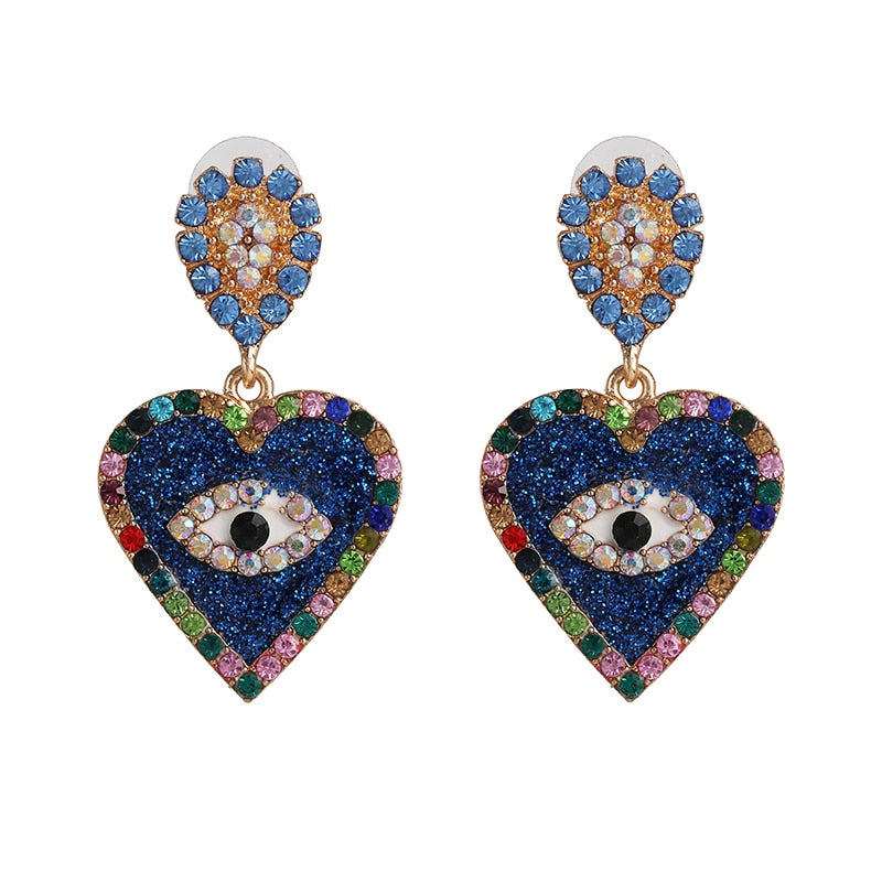 JUJIA Trendy Ethnic Love Heart Shape Evil Eye Drop Earrings For Women Vintage Statement Crystal Dangle Earring Jewelry Gift