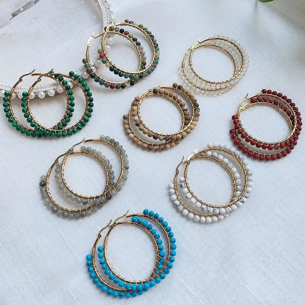 50mm Large Natural Stone Earrings for Women Ear Ring Agates Crystal Gold Plated Stainless Steel Circle Hoop Earring Boho Jewelry - Charlie Dolly