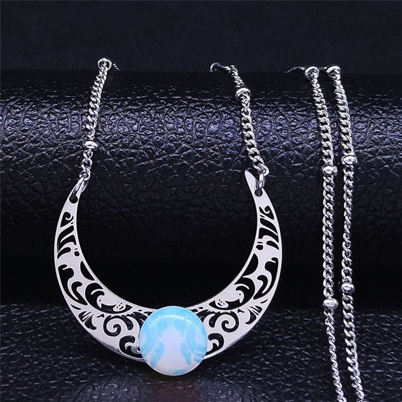 2023 Moon Moonstone Stainless Steel Chain Necklace Women Silver Color Pendants Necklaces Boho Jewelry bijoux femme N1129S04