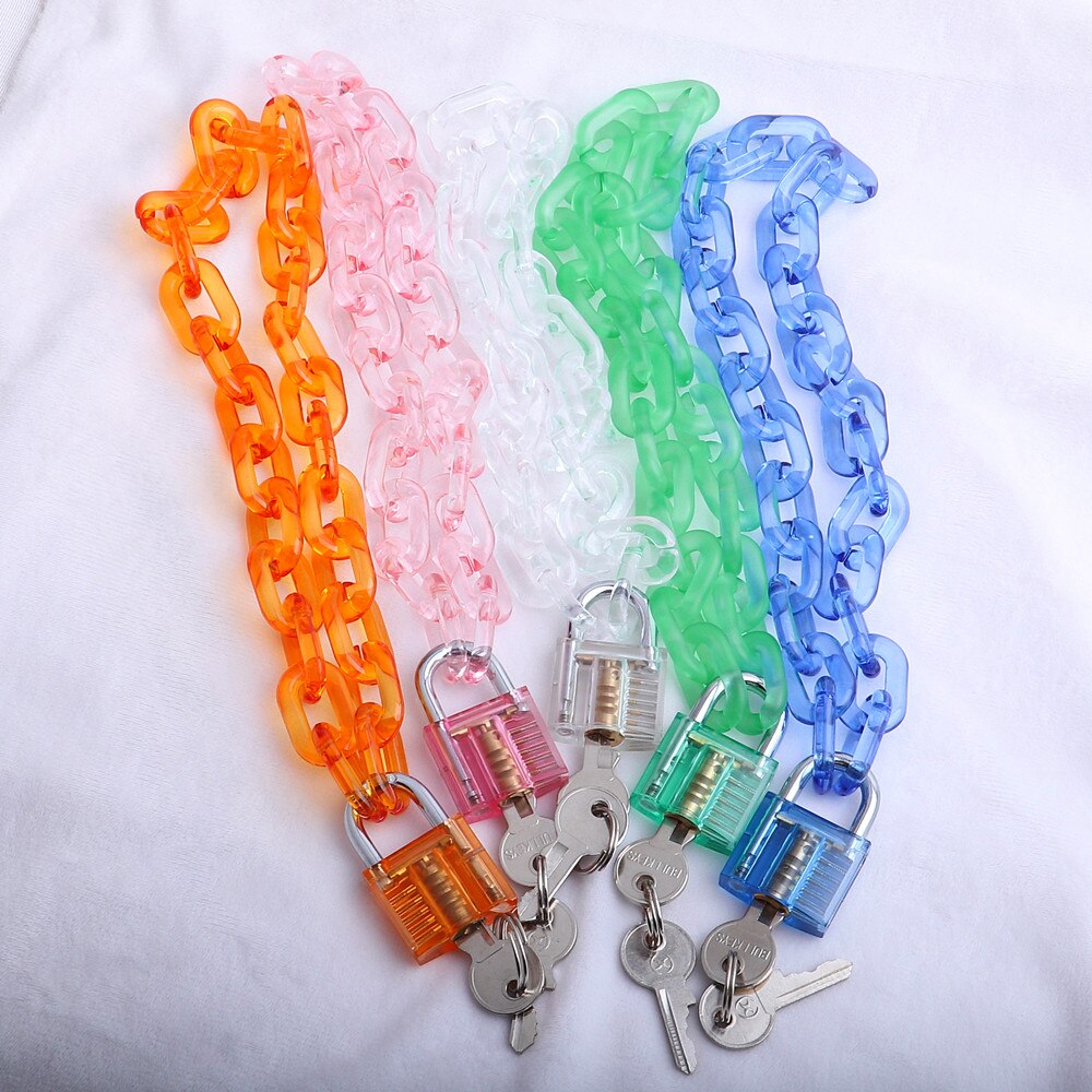 FishSheep Rock Acrylic Clear Lock Pendant Necklace For Women Pink Resin Lock Long Transparent Chain Choker Necklace 2020 Jewelry