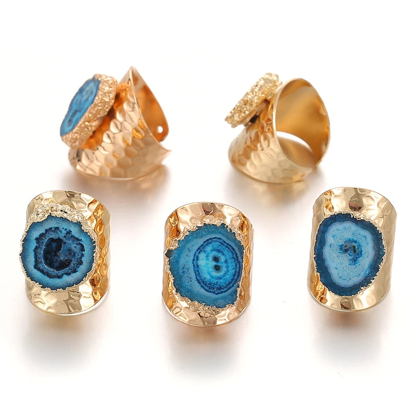 Boho Irregular Natural Stone Agate Slices Sunflower Wide Open Ring for Women Gold Plated Resizable Finger Jewelry - Charlie Dolly