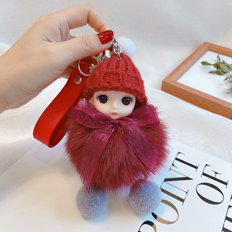 Pompom Sleeping Baby Keychain Cute Fluffy Plush Doll Keychains Women Girl Bags Keyrings Cars Key Ring Gift Charming Decoration