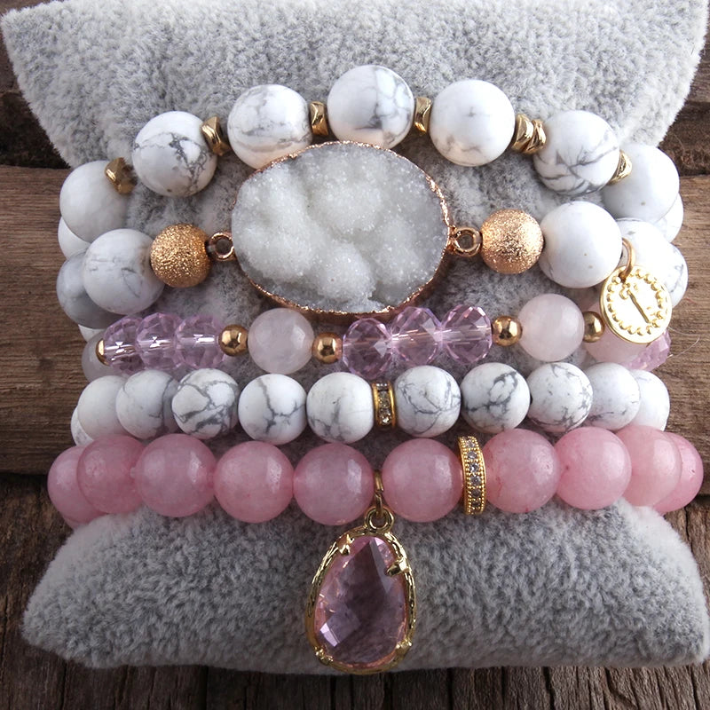 New Designer Boho Beaded Bracelet Set Natural Stone & Druzy 5pc Bracelets Bangles Set For Fashion Jewelry - Charlie Dolly