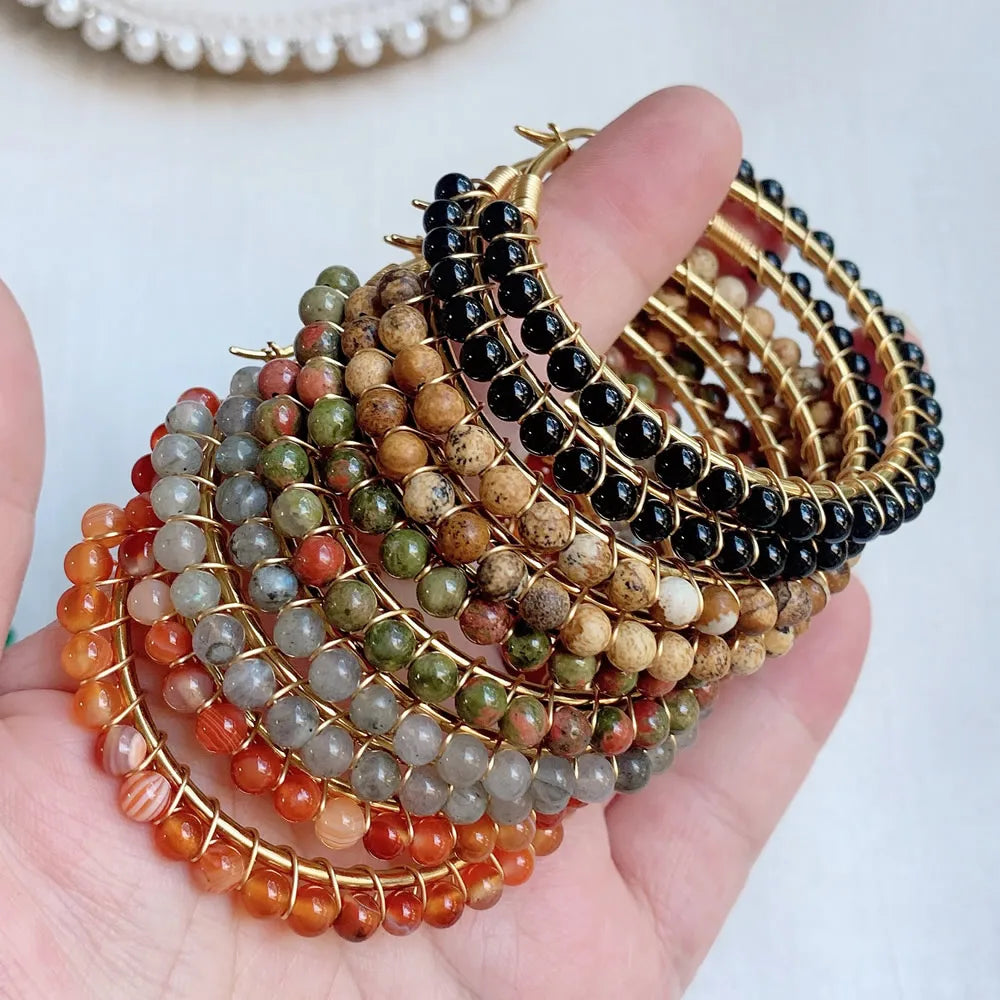 50mm Large Natural Stone Earrings for Women Ear Ring Agates Crystal Gold Plated Stainless Steel Circle Hoop Earring Boho Jewelry - Charlie Dolly