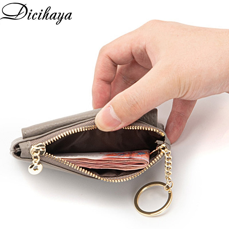 DICIHAYA 2022 New Cowhide Genuine Leather Women Mini Wallet Ladies Zipper Leather Coin Purse Pocket Key Ring Bag Mini Coin Bag