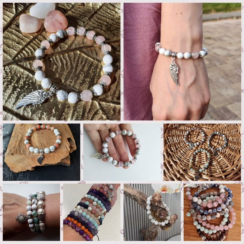 Handmade Silver Color Rose Angel Wing Pendant Bracelet Natural Pink Quartz Crystal Beads Charm Bracelet Women Romantic Jewelry