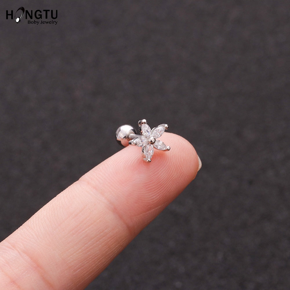 HONGTU 1PC Copper Flower Heart Moon Zircon Tragus Ear Piercing Surgical Steel Shaft Bar Daith Earrings Helix Cartilage Studs 16g