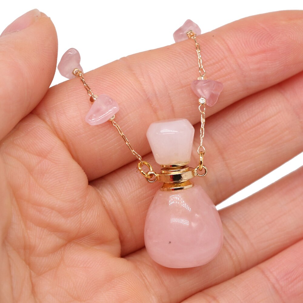 Natural Stone Perfume Bottle Necklace Pink Quartz Pendant Charms For Elegant Women Love Romantic Gift 60 CM