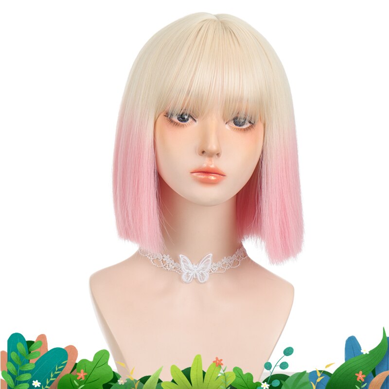 LANLAN synthetic black, pink Lolita wig short straight bob cosplay wig for white/black women heat-resistant hair wig