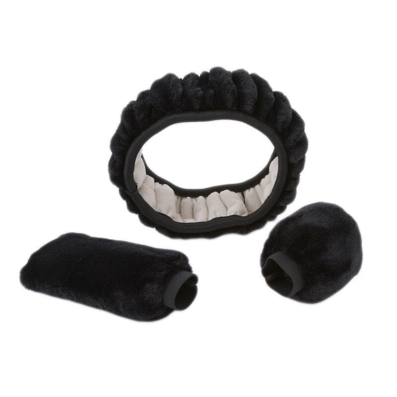 Car Steering Wheel Cover Gearshift Handbrake Cover Protector Decoration Warm Super Thick Plush Collar Soft Black Pink Women Man