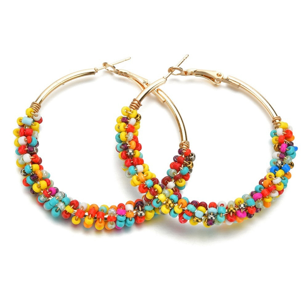 Kymyad Bohemian Multicolor Beads Hoop Earrings For Women Handmade Boho Ear Vintage Jewelry Gold Color Big Statement Earrings