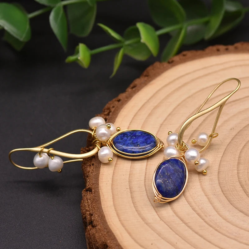 GLSEEVO Natural lapis lazuli Pearl Temperament Drop Earrings Women Girls Party Gift Original Design Luxury Jewellery Gift GE0988 - Charlie Dolly