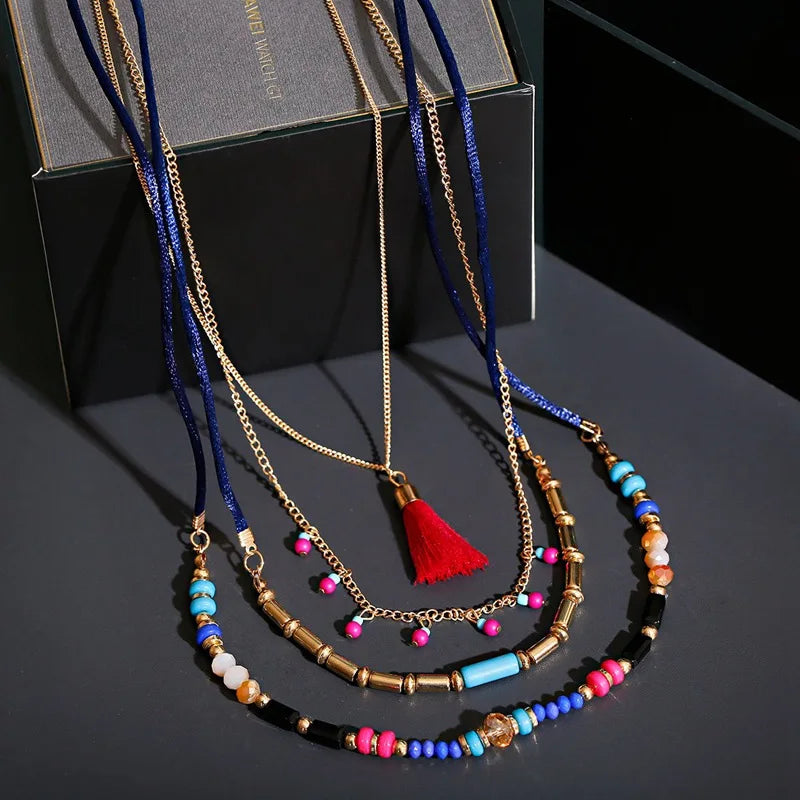 Woven Bead Multilayer Tassel Choker Necklace Jewelry