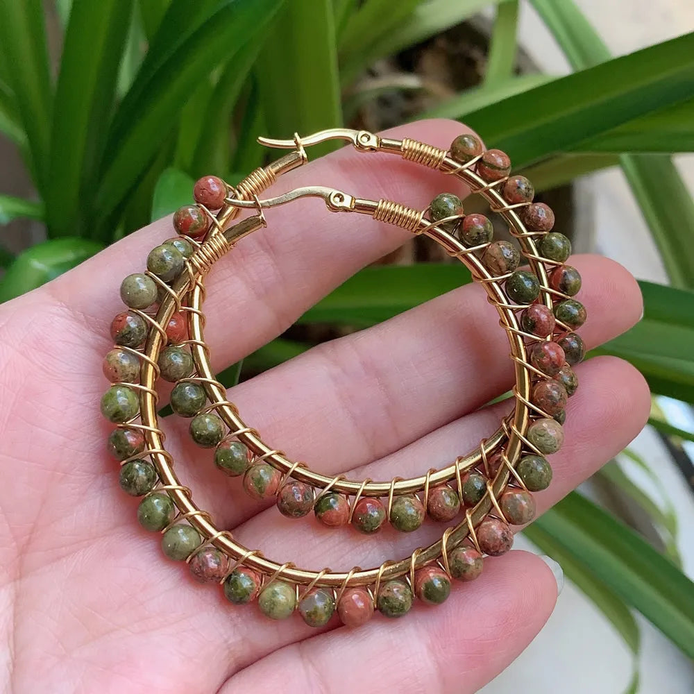 50mm Large Natural Stone Earrings for Women Ear Ring Agates Crystal Gold Plated Stainless Steel Circle Hoop Earring Boho Jewelry - Charlie Dolly