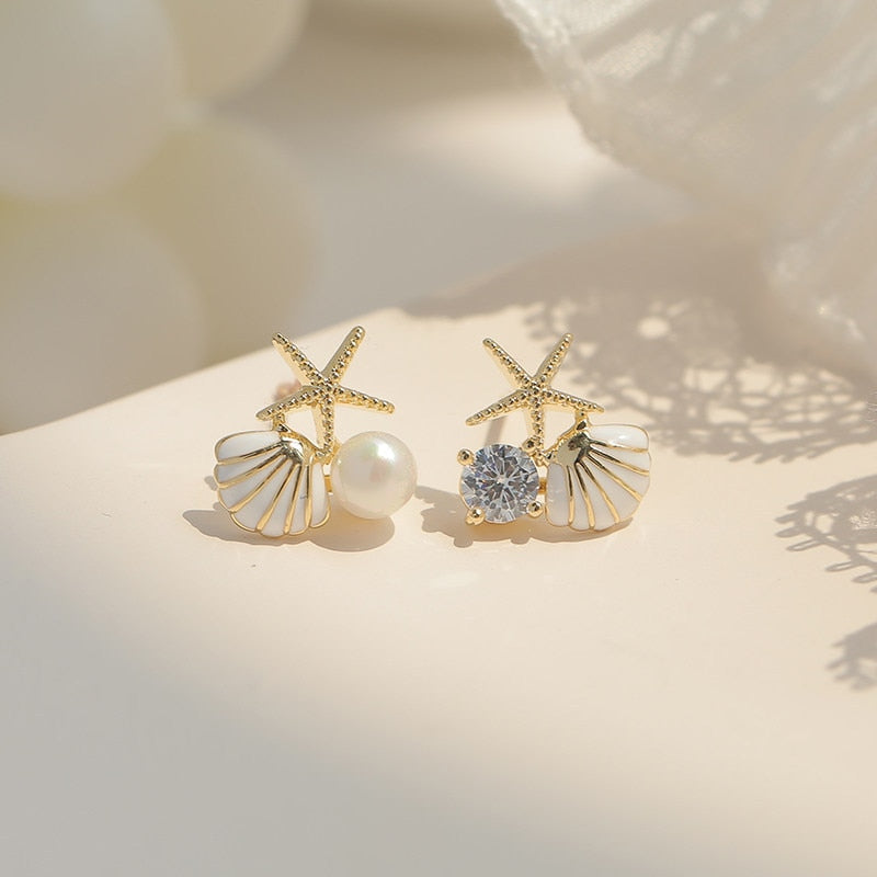 Starfish Shell Stud Earrings for Women Small Cute Earrings with Imitation Pearl Fashion Banquet Wedding Jewelry