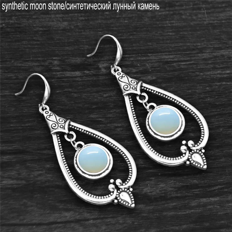 Round Amethysts Drop Earrings For Women Tibetan Silver Natural Stone Rose Quartz Lapis Lazuli Tiger Eye Fashion Dangle Earring - Charlie Dolly